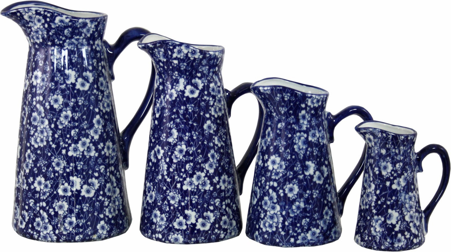 Set of 4 Ceramic Jugs, Vintage Blue & White Daisies Design