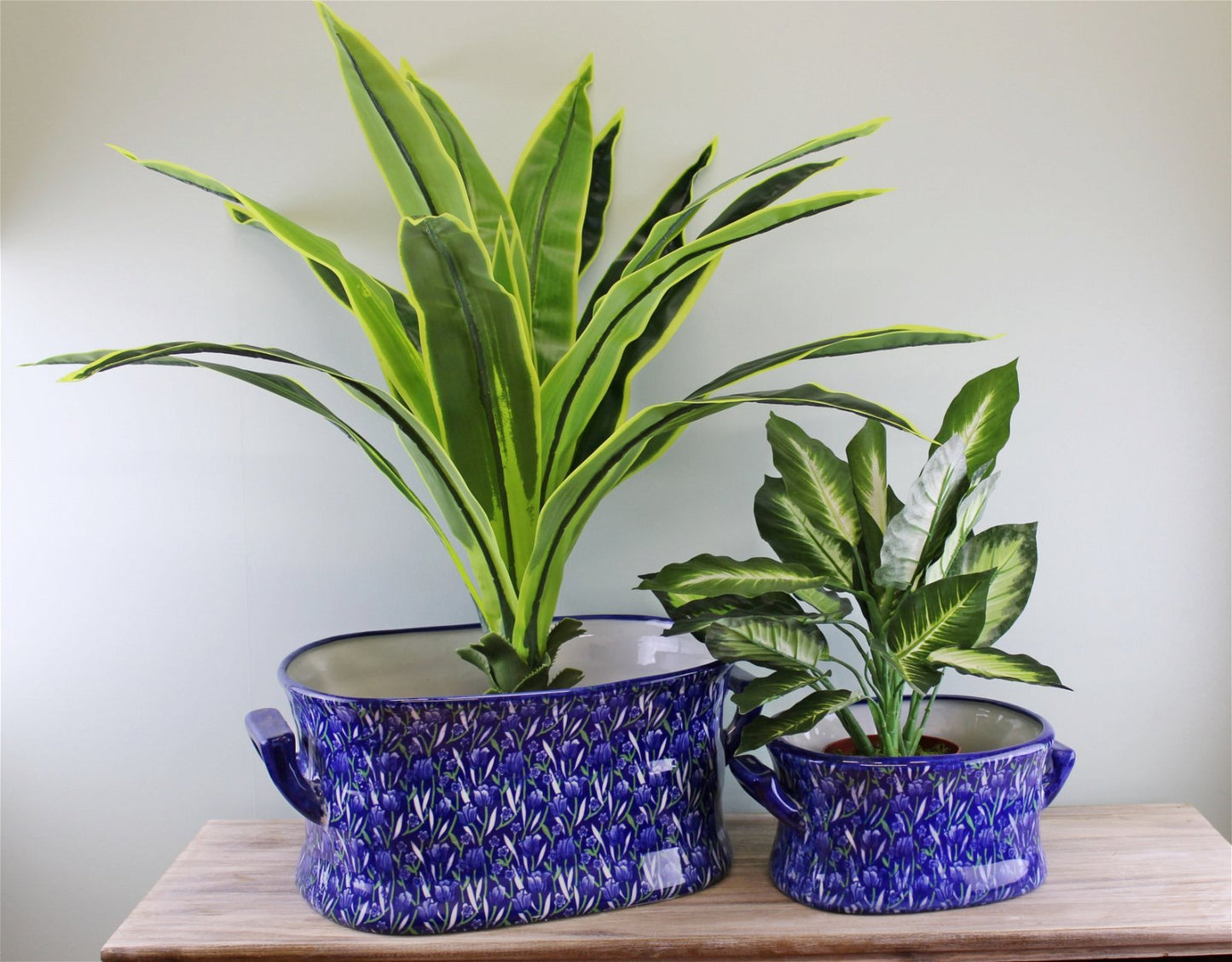 Set of 2 Ceramic Footbath Planters, Vintage Blue & Green Crocus Design