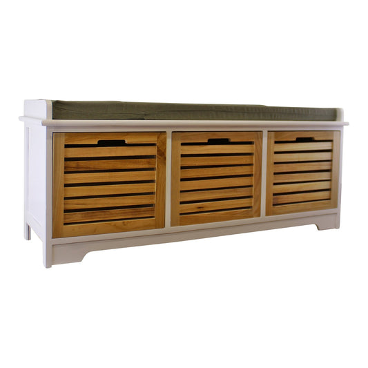 White & Natural 3 Drawer Storage Bench With Grey Cushion