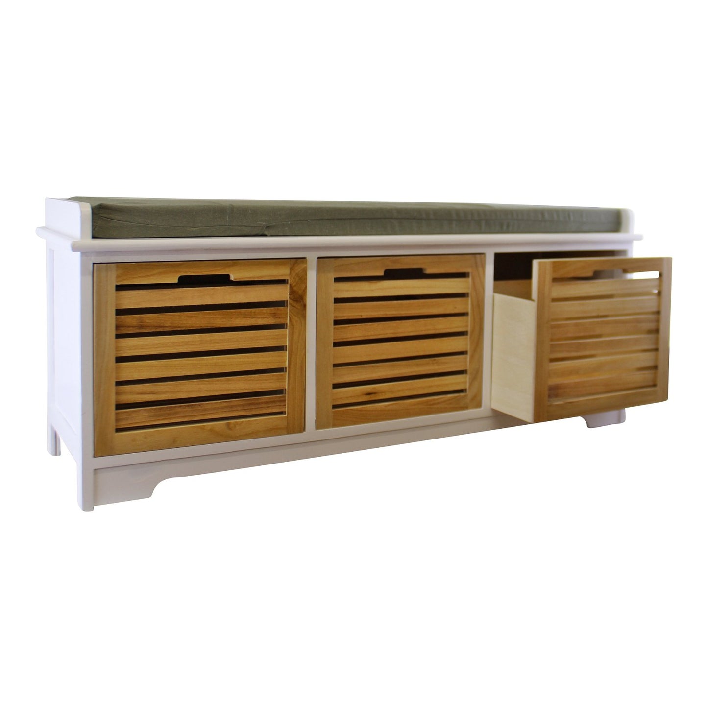 White & Natural 3 Drawer Storage Bench With Grey Cushion