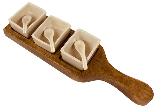 Wooden Tray With Dip Bowls & Spoons 36cm