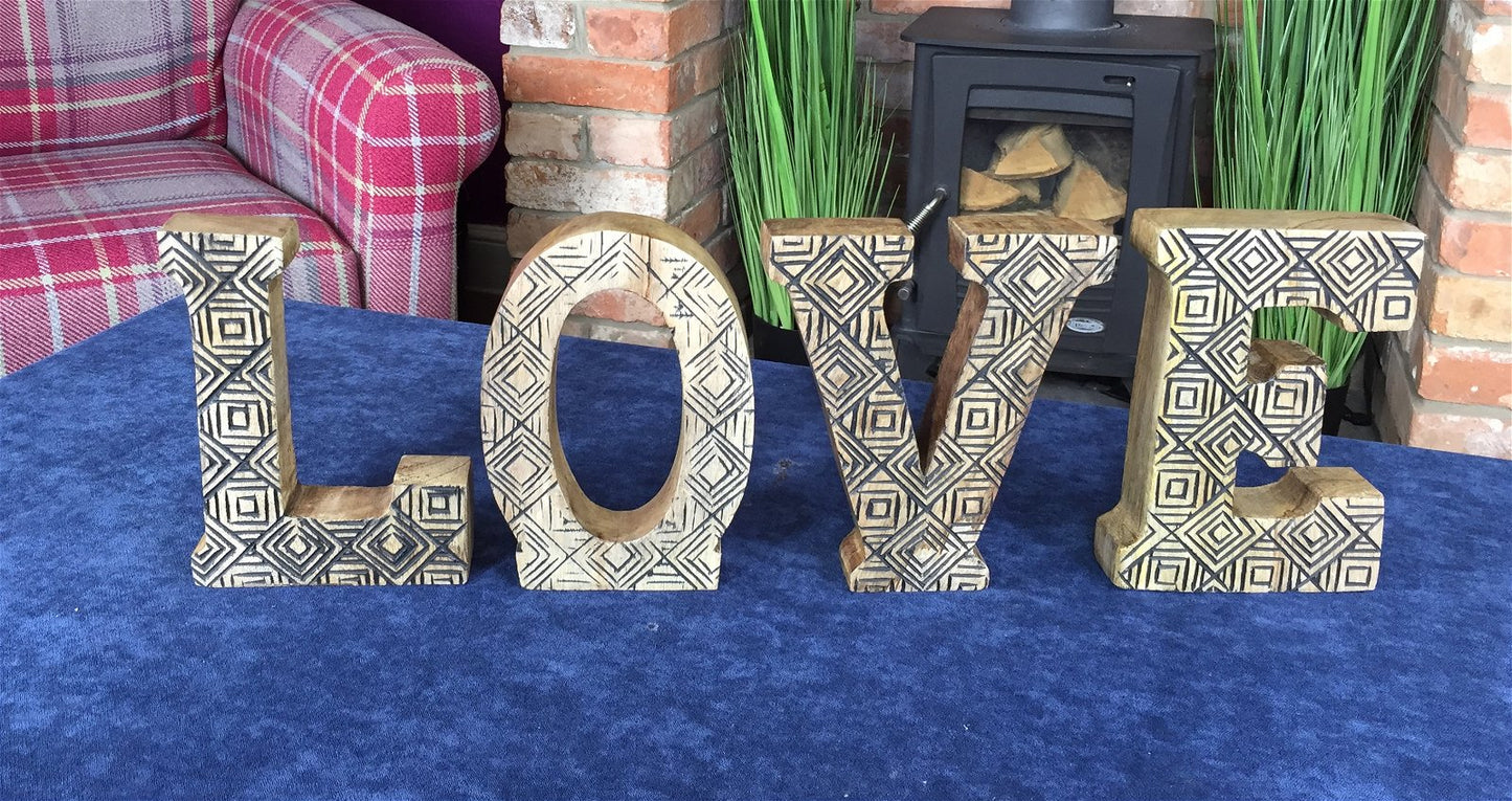 Hand Carved Wooden Geometric Letters Love