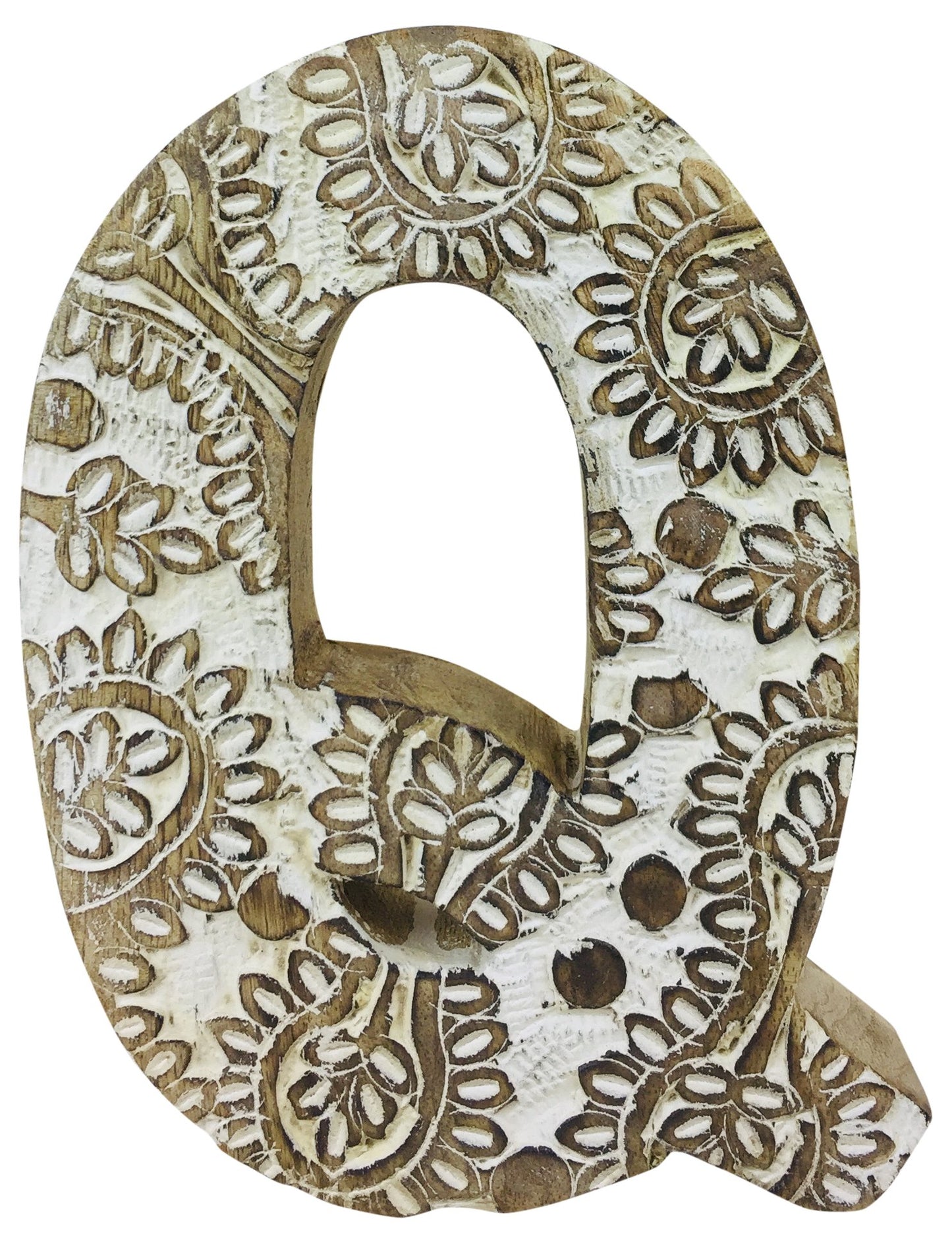 Hand Carved Wooden White Flower Letter Q