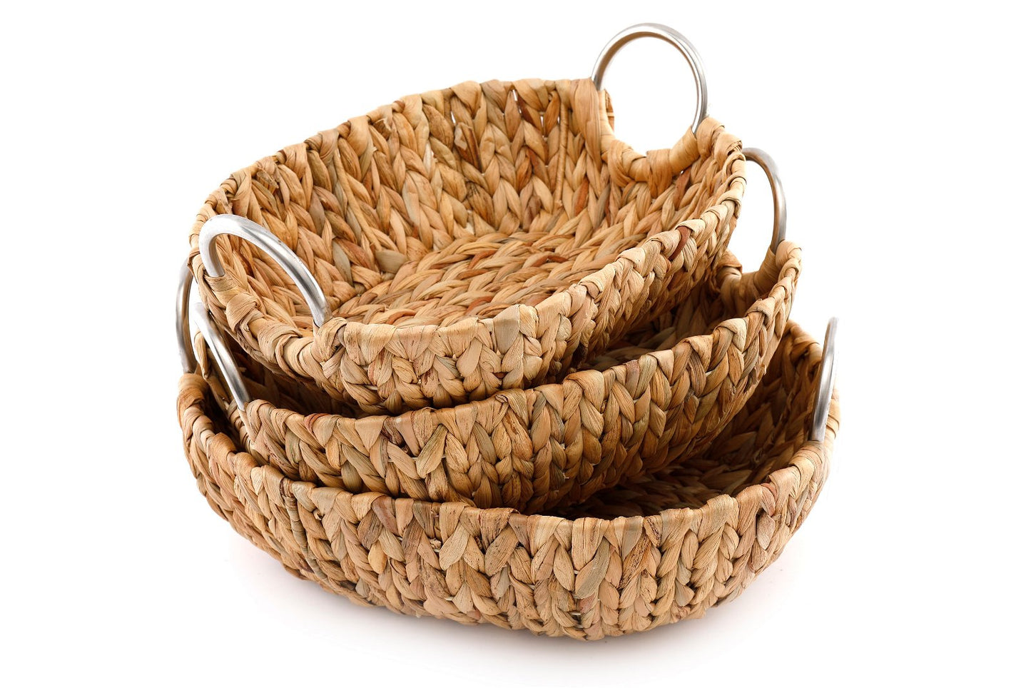 Set of 3 Oval Raffia Natural Baskets With Metal Handles