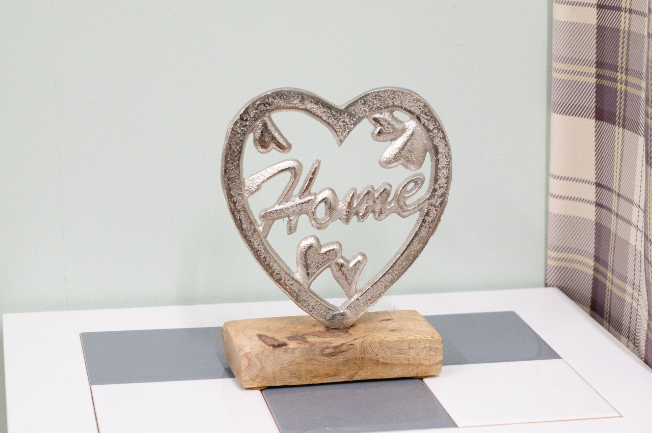 Metal Silver Heart Home On A Wooden Base Large