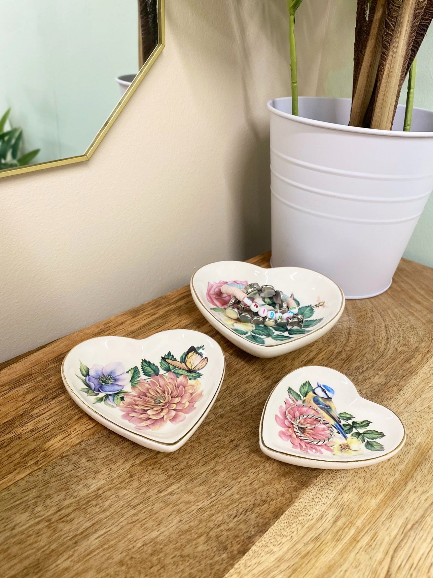 Set Of Three Heart Trinkets Dishes with Gold Edging