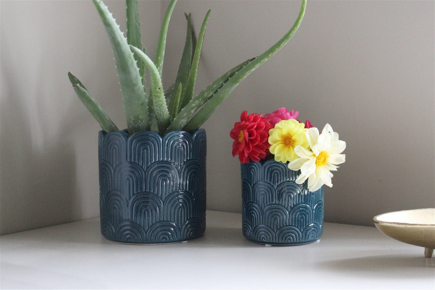 Set of Two Blue Scalloped Planters