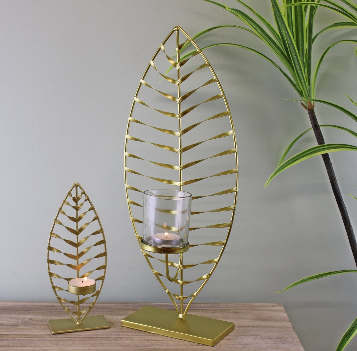 Large Gold Leaf Candle Holder with Glass Jar