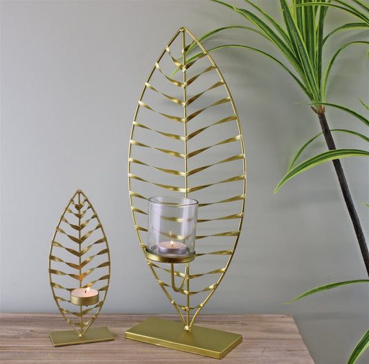 Large Gold Leaf Candle Holder with Glass Jar