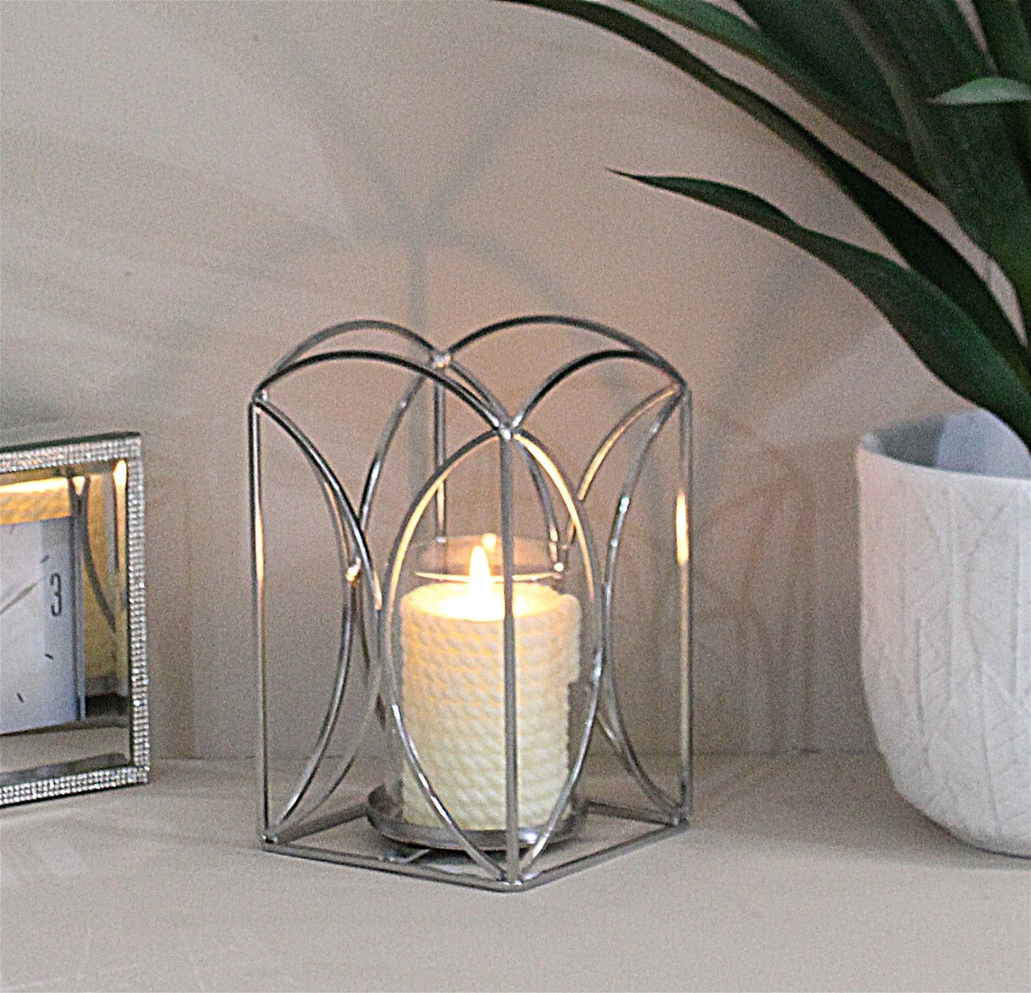 Small Silver Metal & Glass Candle Lantern, 18.5cm.