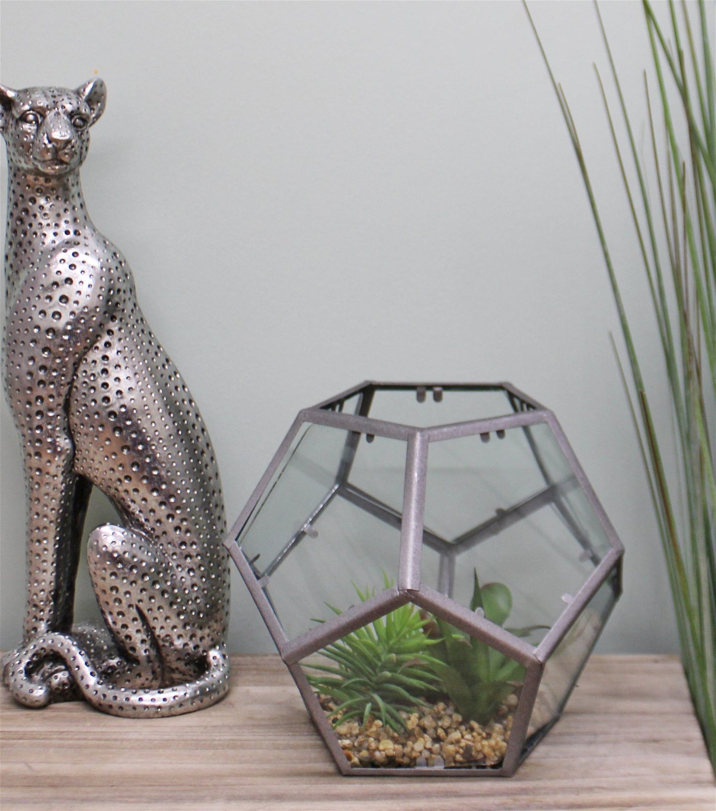 Glass & Metal Hexagonal Terrarium With Faux Succulents