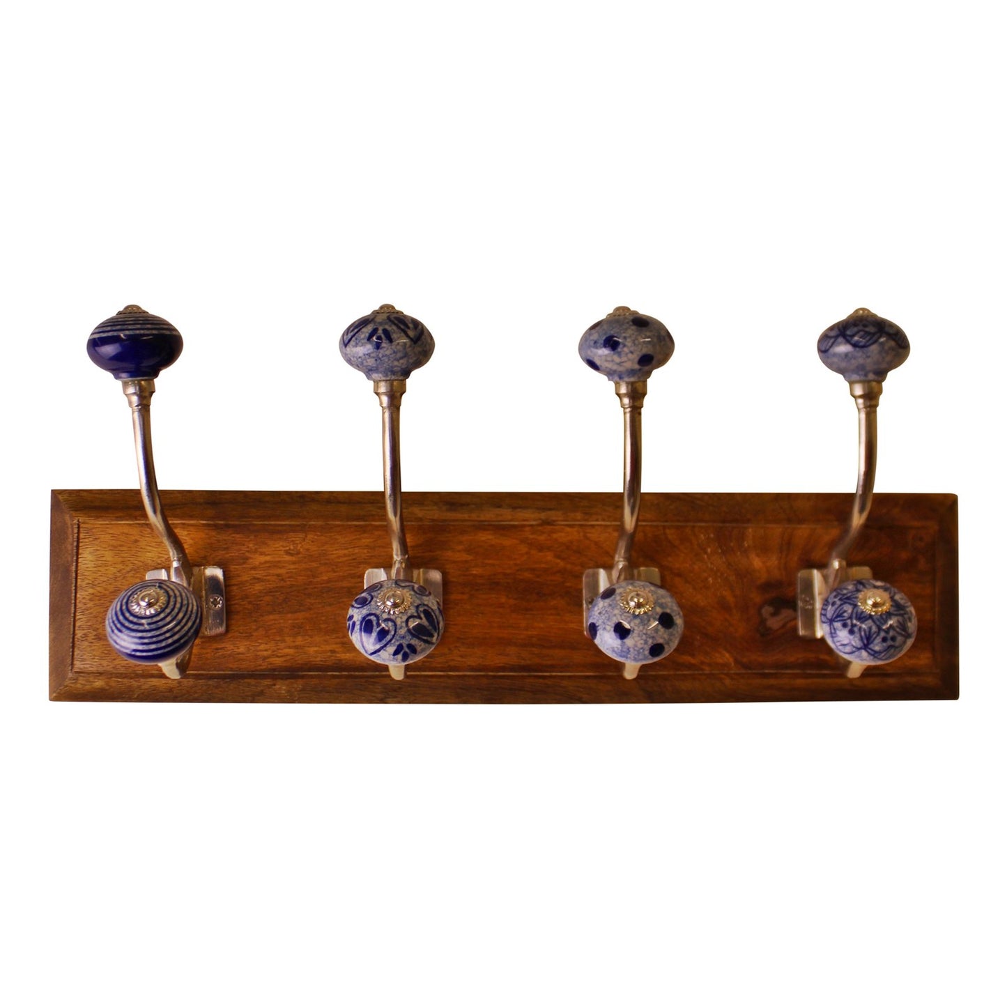 4 Double Ceramic Blue & White Coat Hooks On Wooden Base