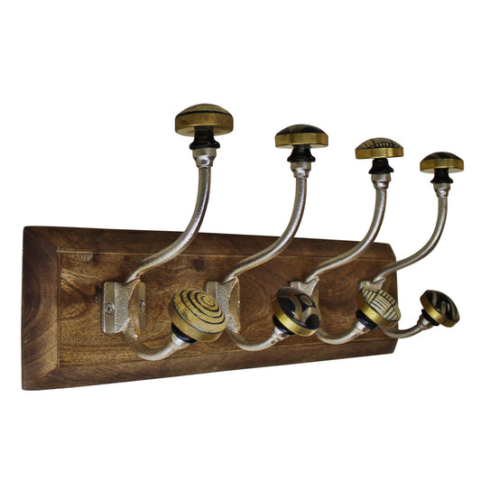 4 Double Ceramic Gold & Black Coat Hooks On Wooden Base