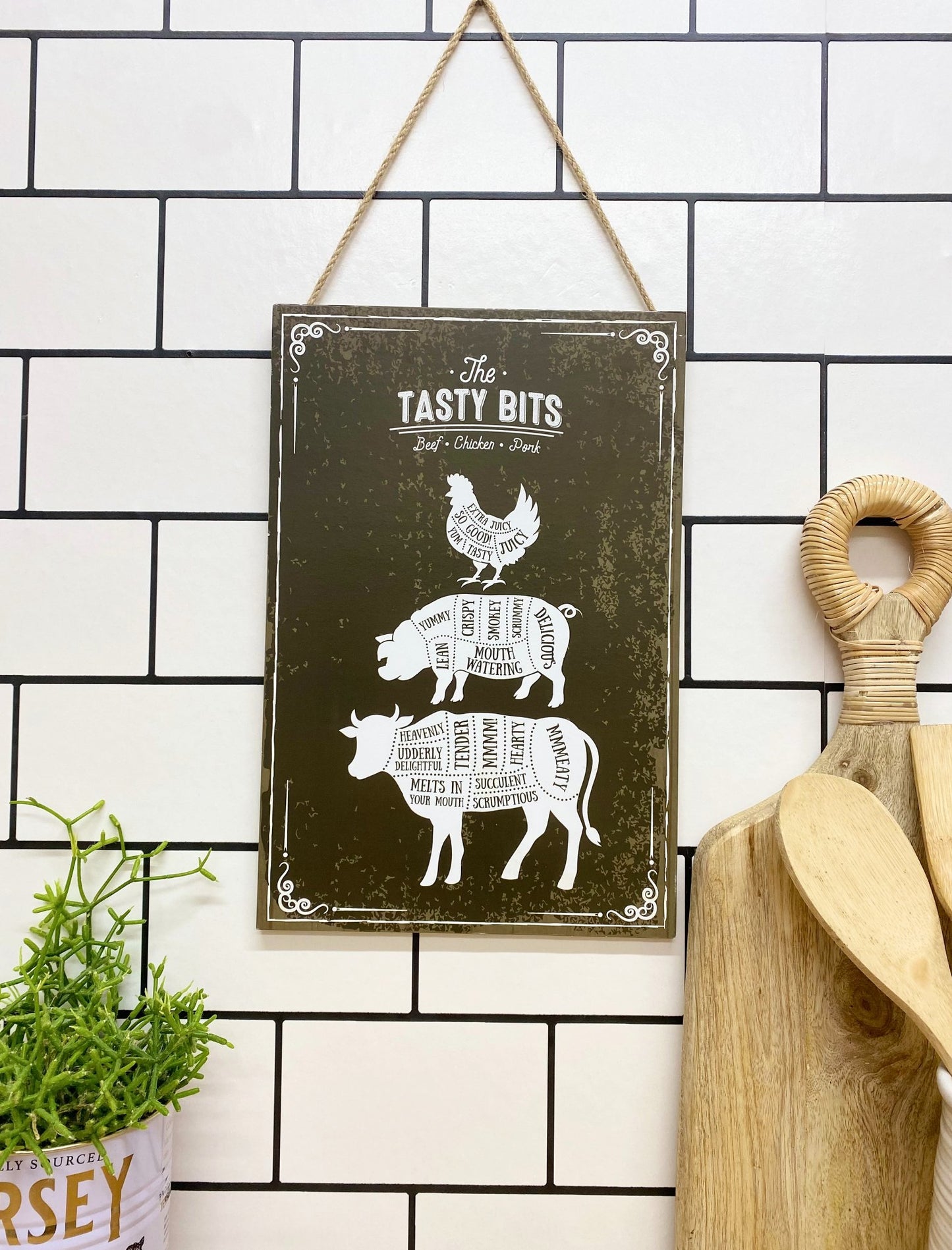 The Tasty Bits Wooden Hanging Plaque in Brown