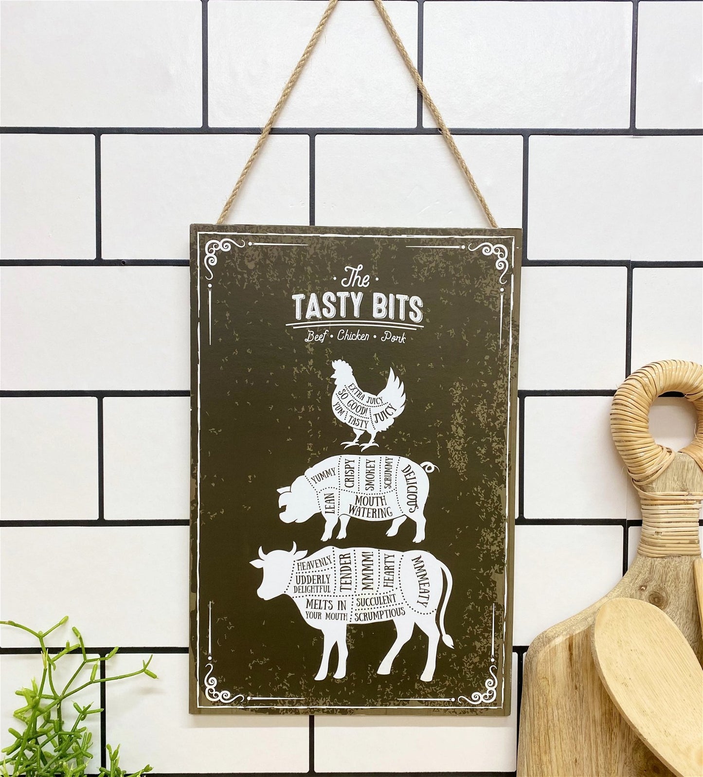 The Tasty Bits Wooden Hanging Plaque in Brown