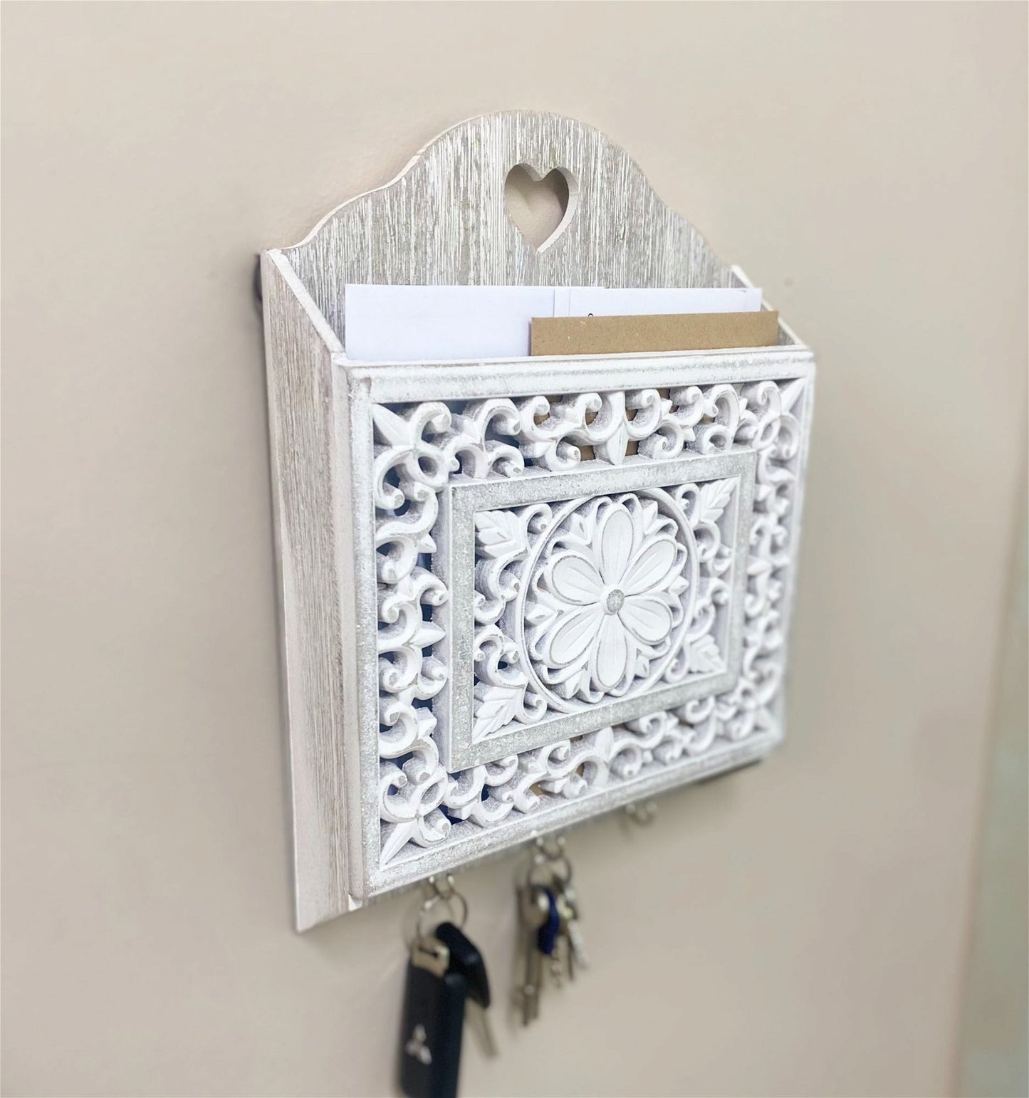 Grey Wooden 3 Hook Key Holder With Cutout Pattern Shelf