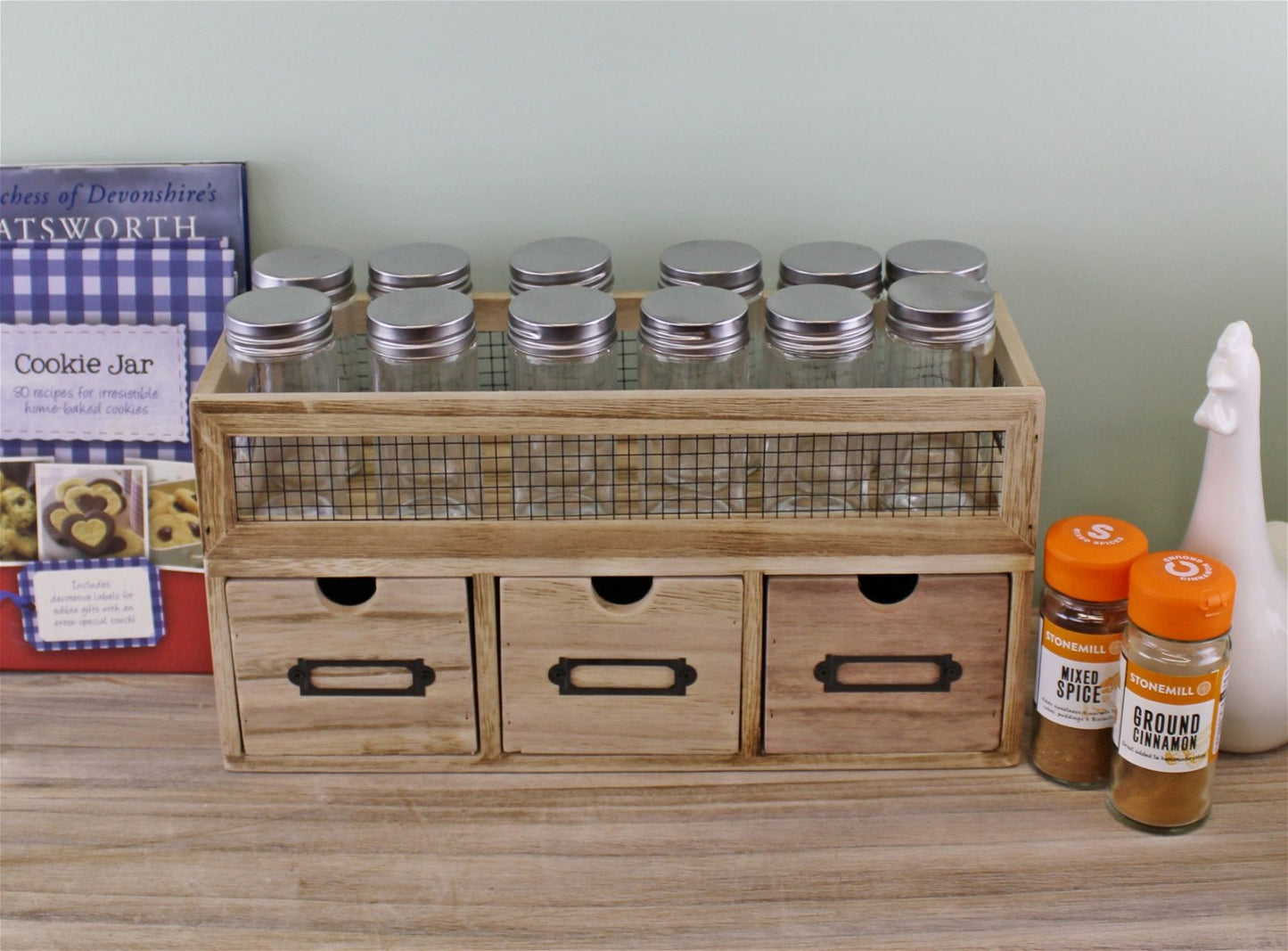 12 Jar Freestanding Spice Rack With Bottles & 3 Drawer Cabinet