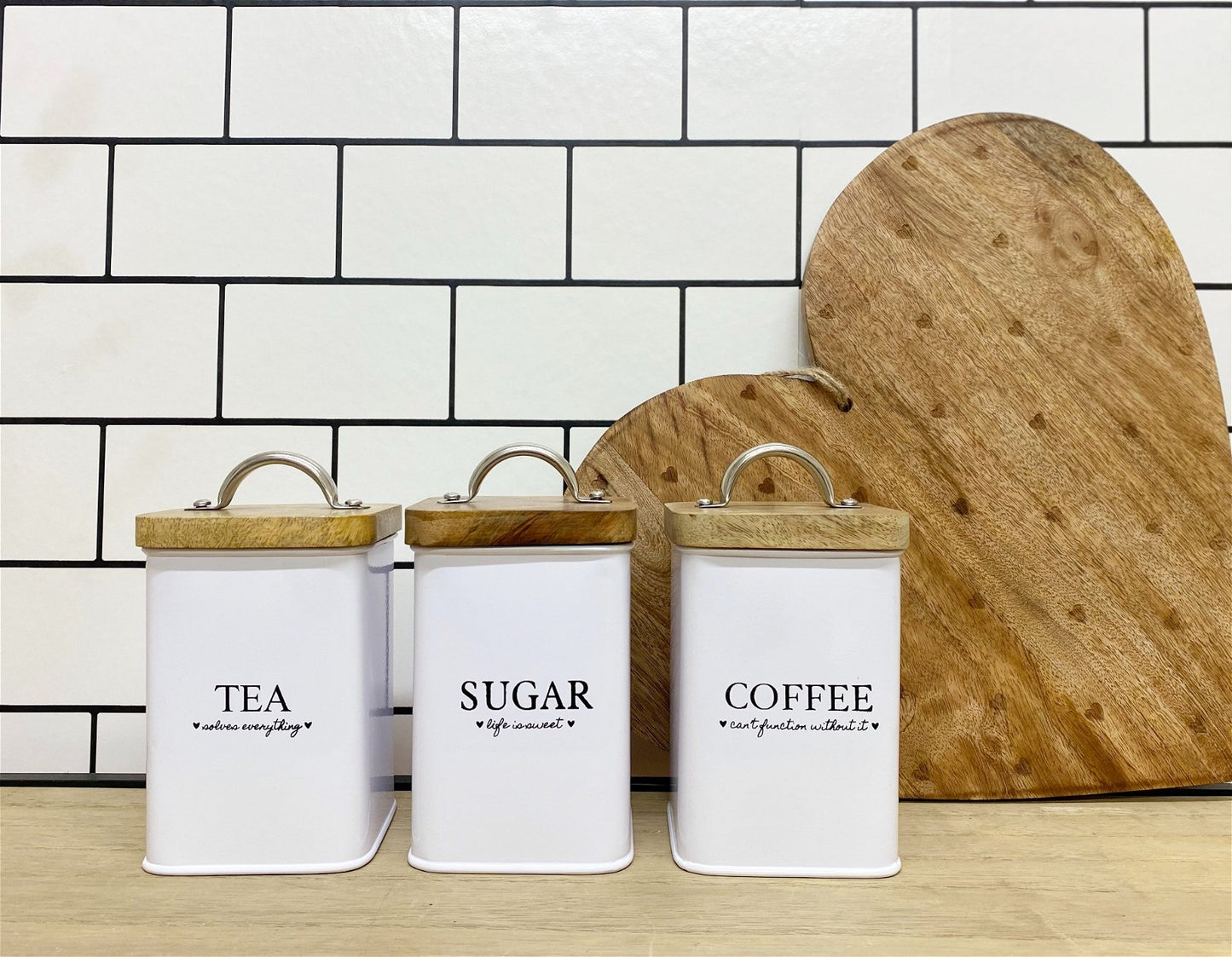 Tea, Coffee & Sugar Square White Storage Tins