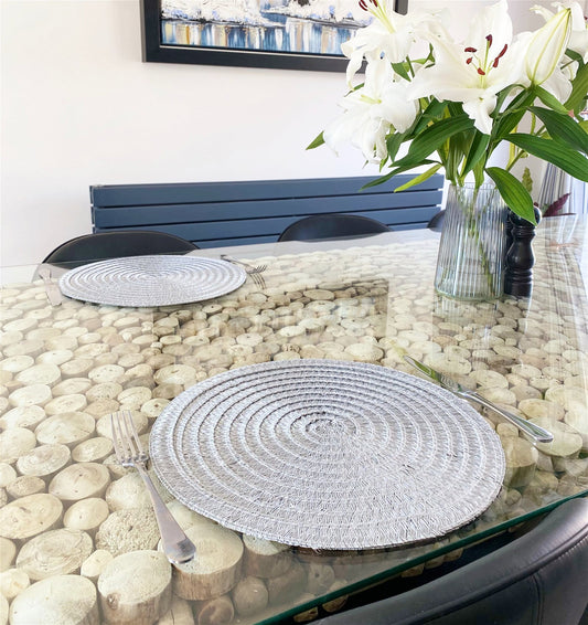 Set of Four Round Silver Woven Placemats