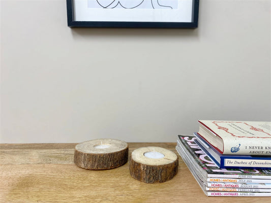 Set of Two Wooden Tealight Holders with Bark Detail