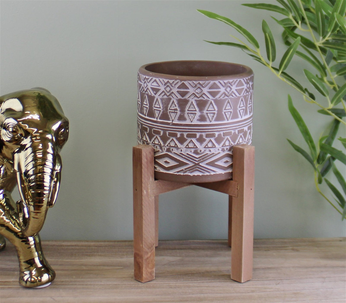 Patterned Cement Planter On Wooden Base