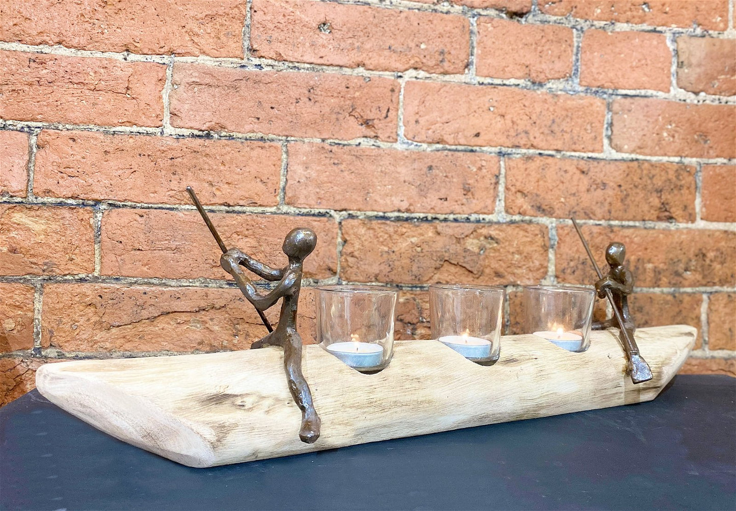 Three Tea Light Holder With Bronze Men Rowing