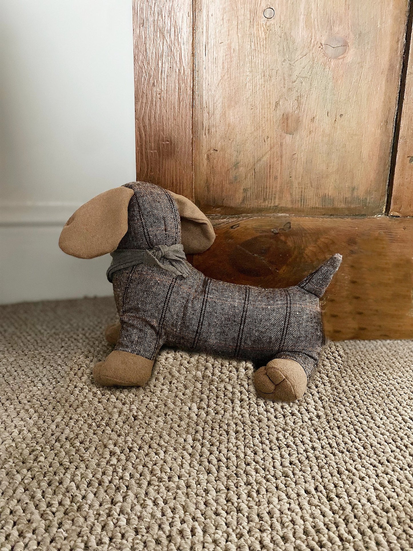 Brown Herringbone Fabric Sausage Dog Doorstop