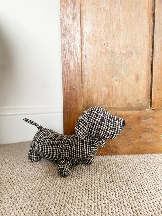 Grey Herringbone Fabric Sausage Dog Doorstop