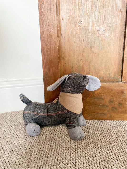 Tartan Fabric Sausage Dog Doorstop with Natural Bandana