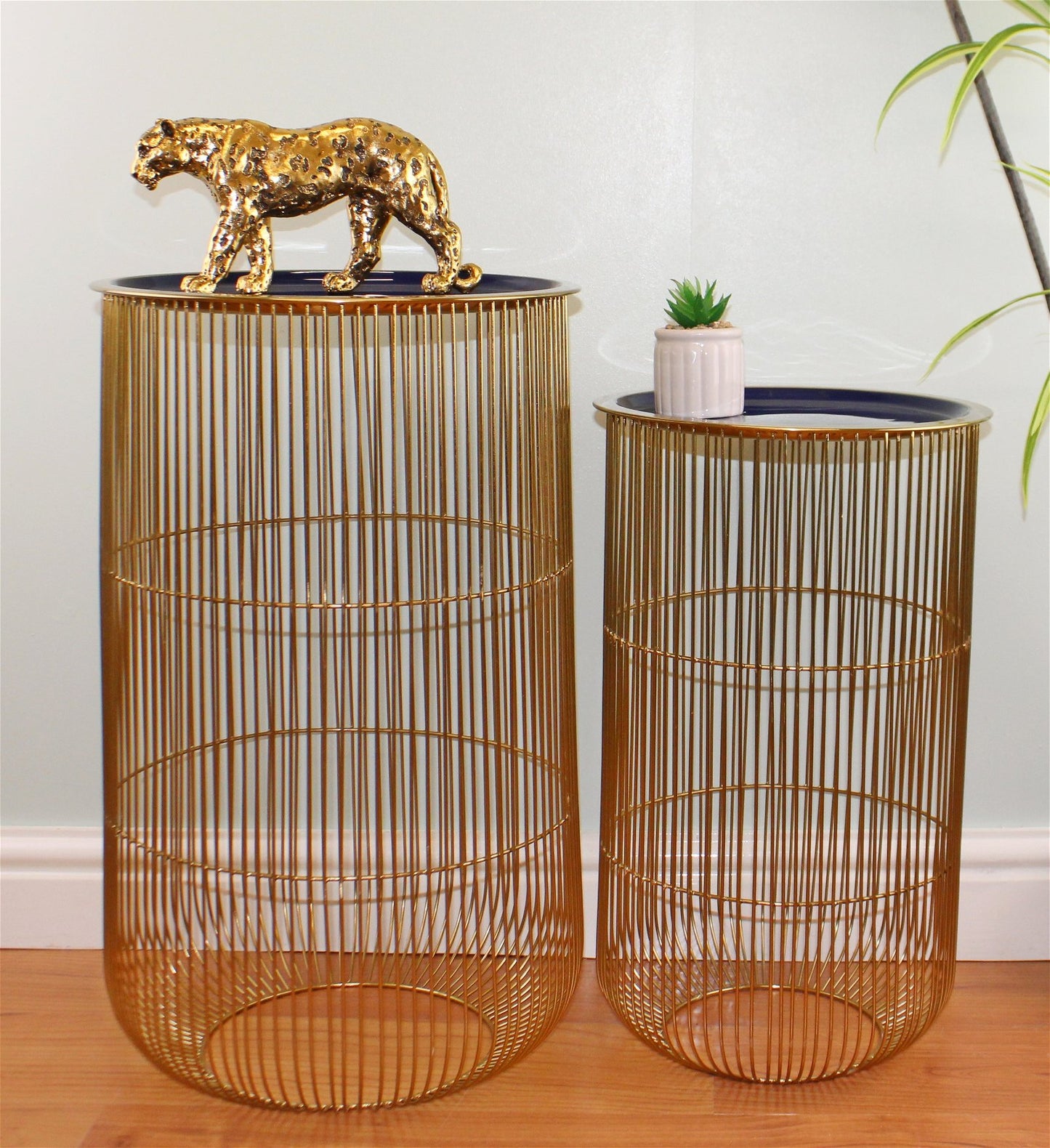 Set of 2 Decorative Side Tables in Gold & Navy Blue