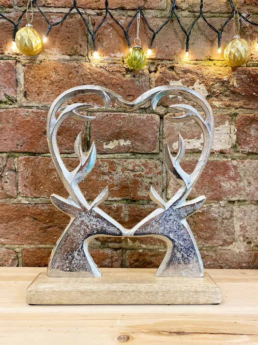 Silver Metal Heart Shape Deer On Wood Base