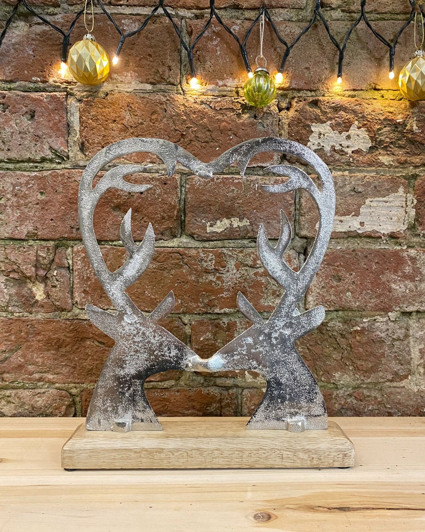 Silver Metal Heart Shape Deer On Wood Base