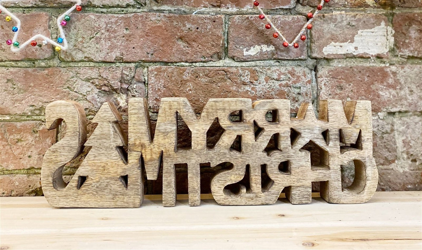 Wooden Carved Merry Christmas Word Ornament