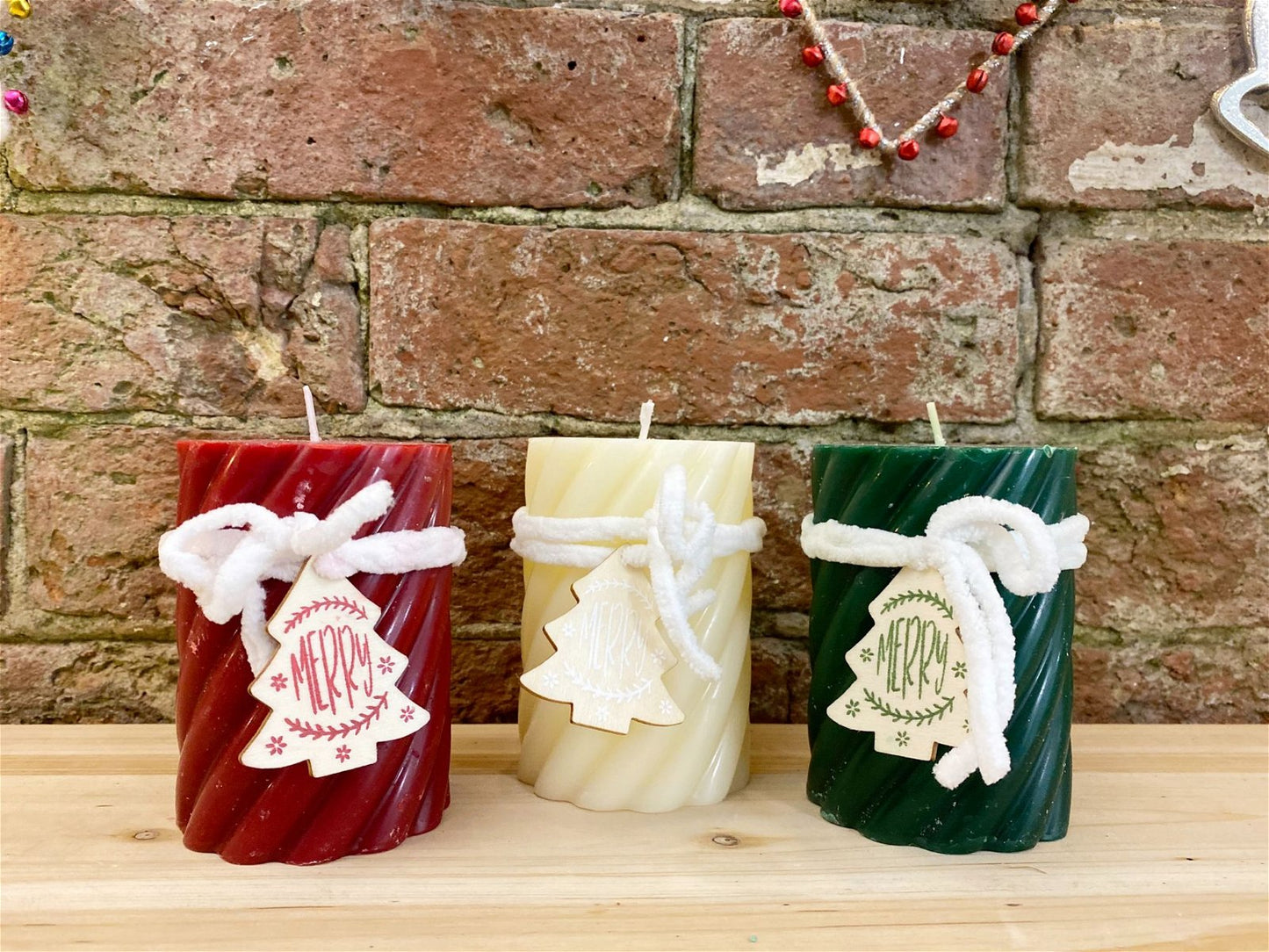 Three Twist Pillar Candles, Green, Cream & Red