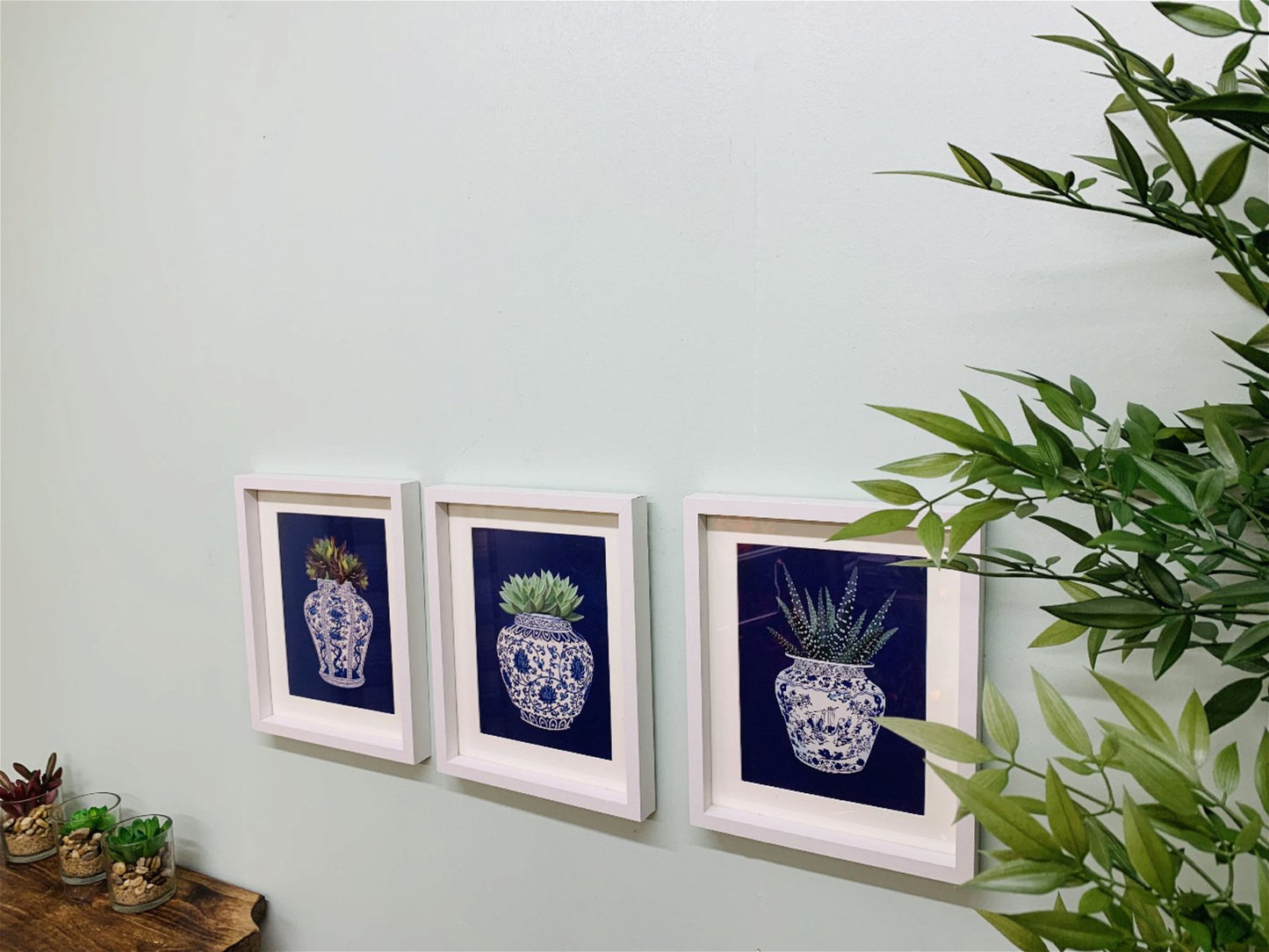 Set of 3 Photo Frames Depicting Succulents In A Blue Vase 25cm