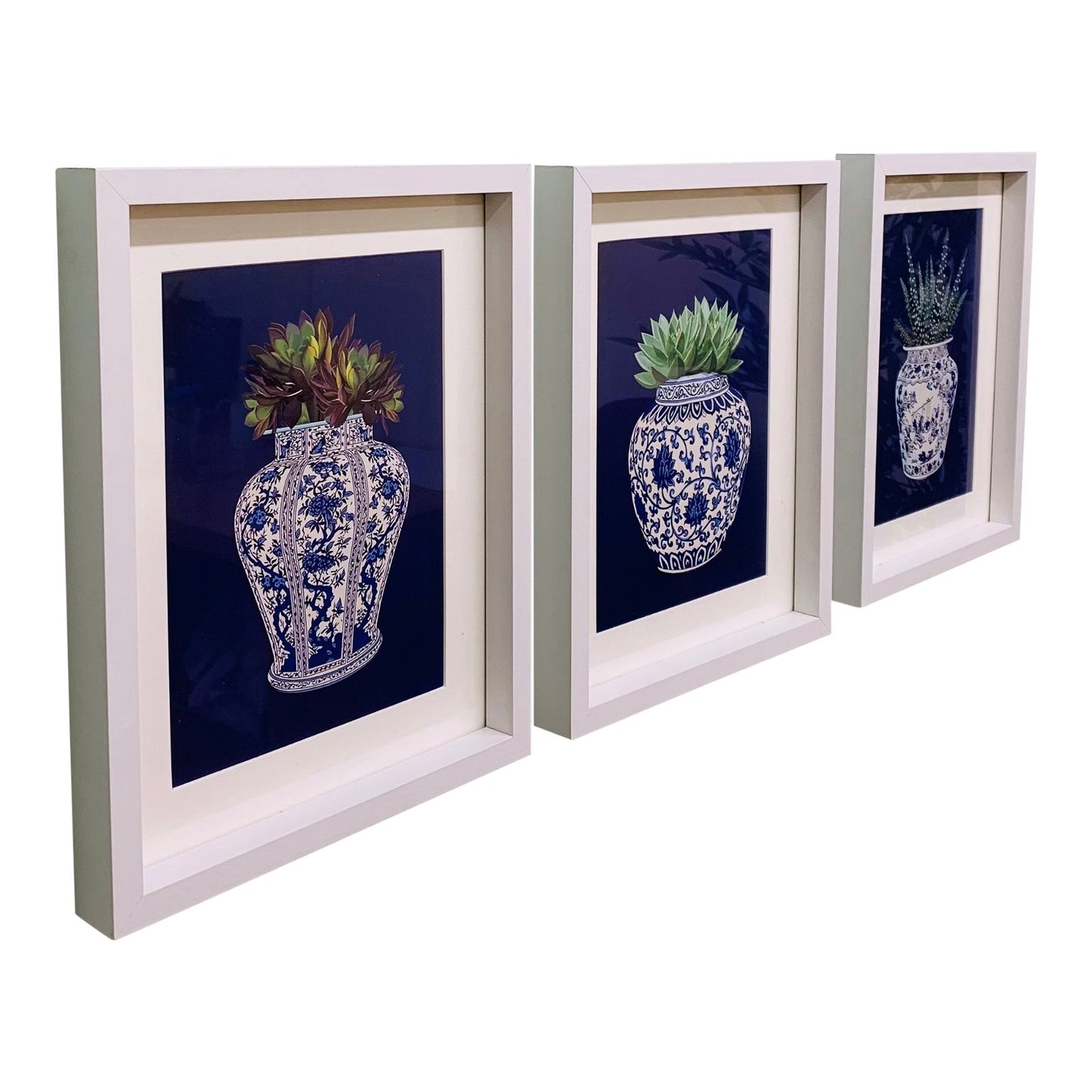 Set of 3 Photo Frames Depicting Succulents In A Blue Vase 25cm