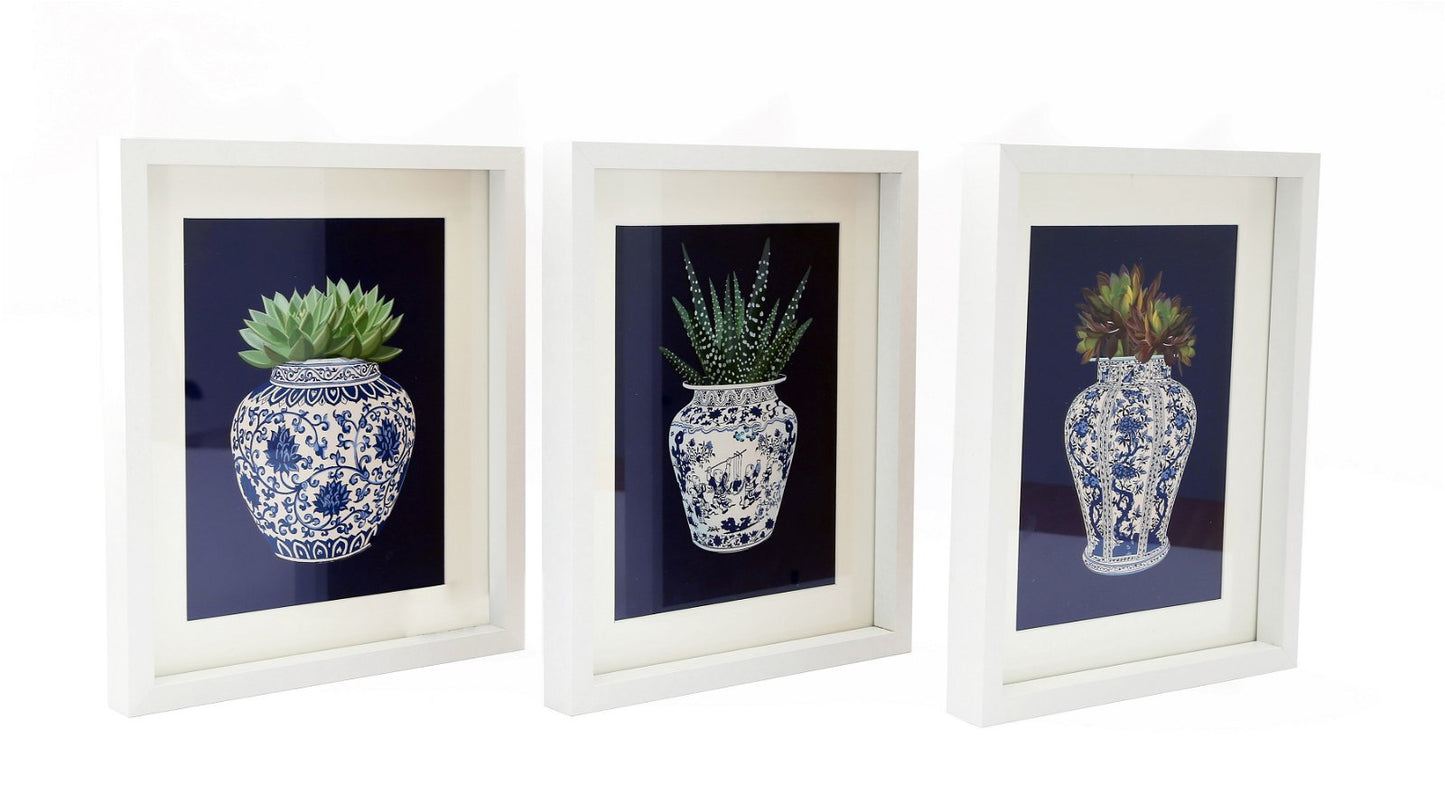 Set of 3 Photo Frames Depicting Succulents In A Blue Vase 25cm